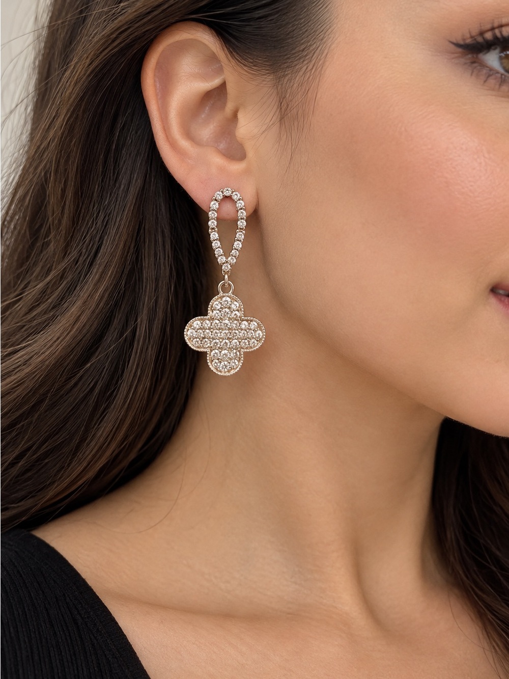 Gold Crystal Clover Drop Earrings
